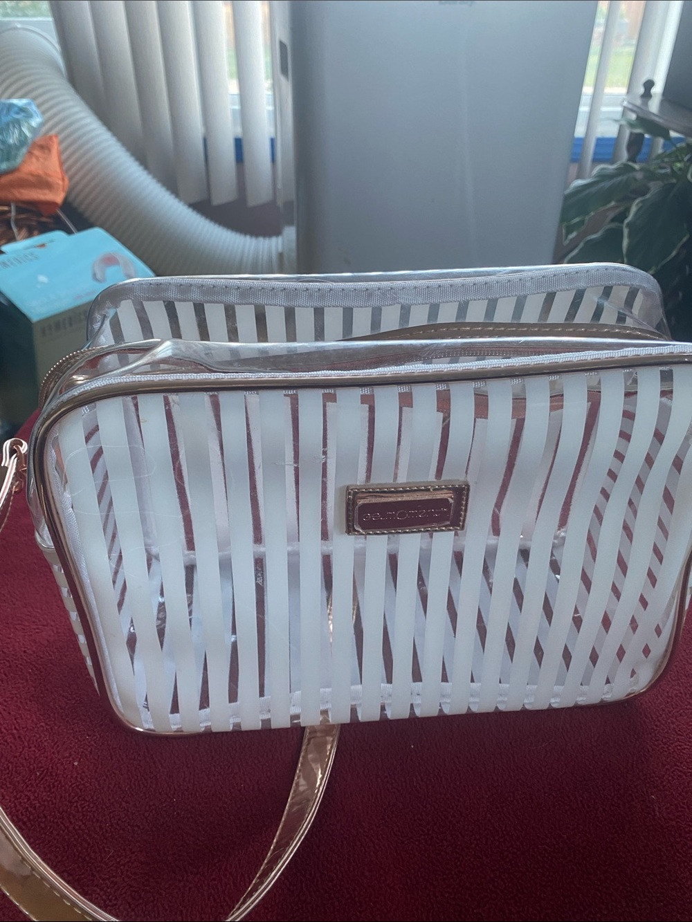 Striped White Crossbody Bag with Rose Gold Trim